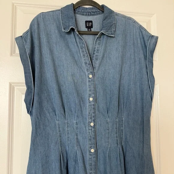Gap Fit and Flare Midi Shirt Dress Pleat Waist Denim Roll Cuff Medium Wash XLT - Picture 6 of 12